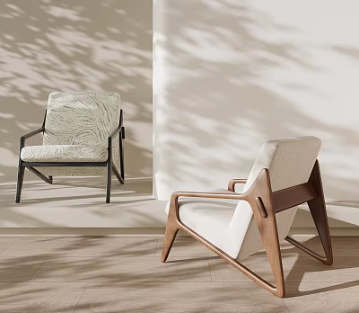 Modern Leisure Chairs With Upholstered Seats Wooden Frames And Shadow Patterns On Light Colored Walls 3d model