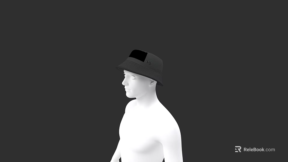 Stylish Black Bucket Hat Worn By White Mannequin On Black Background 3d model 