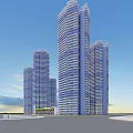 Modern High Rise Residential Building With Curved Exterior Glass Windows And Balconies