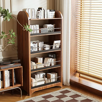 Modern Wooden Storage Shelf With Multiple Layers Holding Books Decor And Plants 3d model