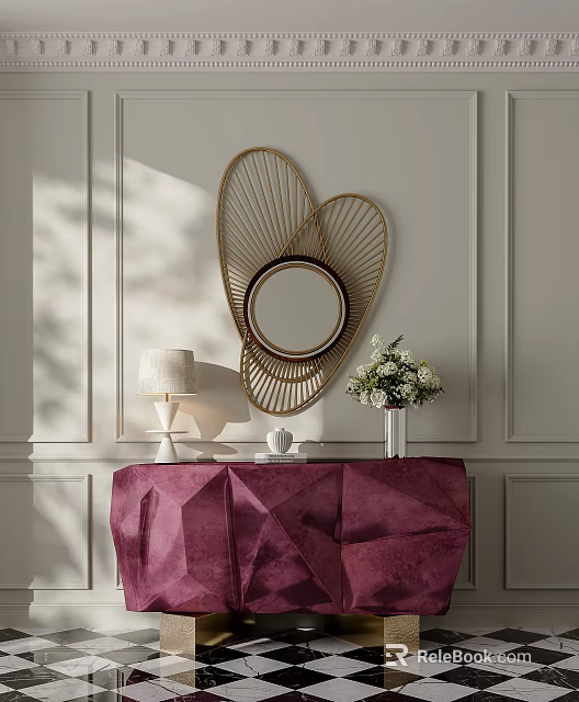 Elegant Modern Entryway Console Table With Table Lamp Flower Vase And Wall Mirror 3d model