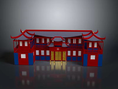 Traditional Chinese Architecture Red and Blue Multi layered Structure With Curved Eaves and Golden Gate 3d model