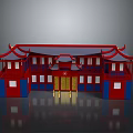 Traditional Chinese Architecture Red and Blue Multi layered Structure With Curved Eaves and Golden Gate