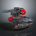 Futuristic Mechanical Weapon Featuring Multiple Barrels Red Circular Component And Metallic Structure 3d model