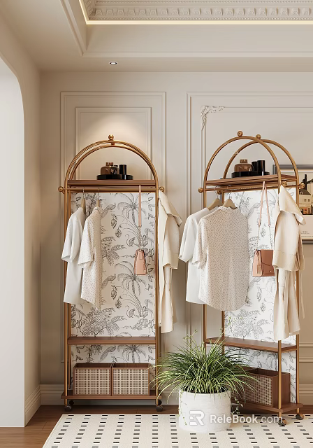 Elegant Golden Coat Racks With Clothes In Dressing Room 3d model 