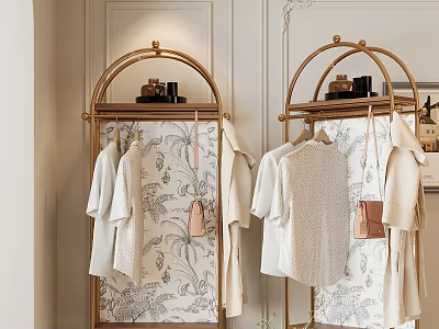 Elegant Golden Coat Racks With Clothes In Dressing Room 3d model