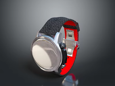 Stylish Modern Watch With Black Fabric Strap Red Accent And Circular White Dial 3d model