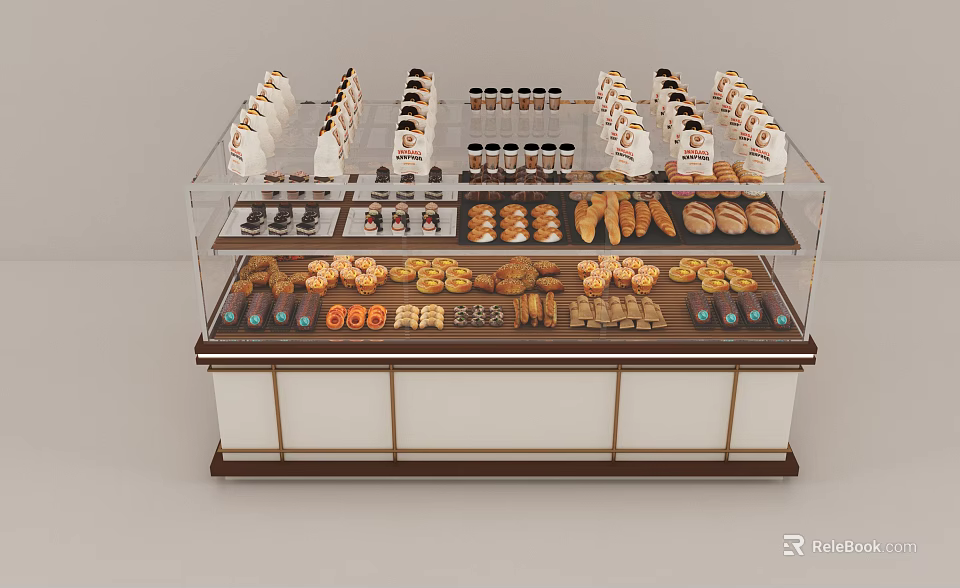 Break Area Glass Display Case With Fresh Bread Pastries And Cookies 3d model 