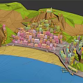 Cartoon Scenery of Low Poly Coastal Town With Colorful Houses Hills Ocean And Beach