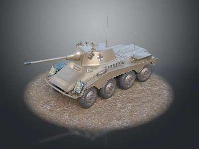 Brown Armored Military Tank With Six Wheels Cannon And Cross Insignia On Gravel Ground 3d model