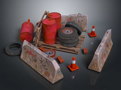 Practical Household Supplies With Red Barrels Grinding Wheels Traffic Cones And Wooden Planks 3d model
