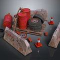 Practical Household Supplies With Red Barrels Grinding Wheels Traffic Cones And Wooden Planks