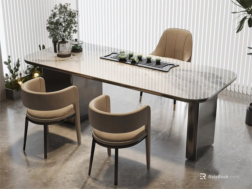 Elegant Modern Long Tea Table with Beige Chairs Marble Top Tea Set Potted Plants and Blinds 3d model 