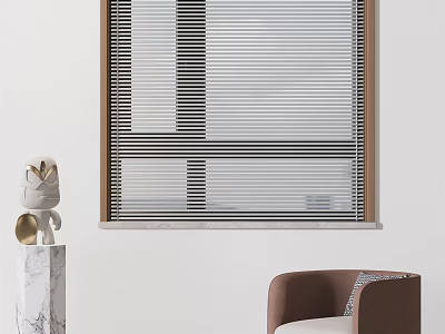 Modern Horizontal Window Blinds With Brown Frame In White Interior Room Design 3d model