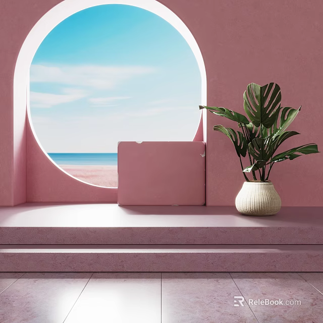 Pink Wall Decorative Scene With Round Window Sea View Blue Sky And Monstera Plant 3d model 