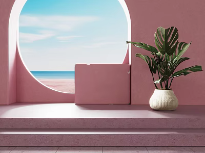 Pink Wall Decorative Scene With Round Window Sea View Blue Sky And Monstera Plant 3d model