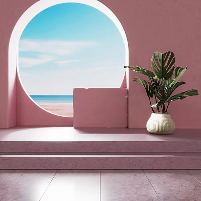 Pink Wall Decorative Scene With Round Window Sea View Blue Sky And Monstera Plant 3d model