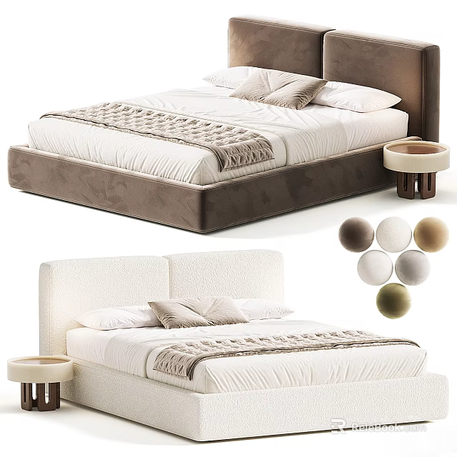 Modern Velvet Upholstered Double Bed With Round Side Table And Multiple Color Options For Bedroom 3d model 