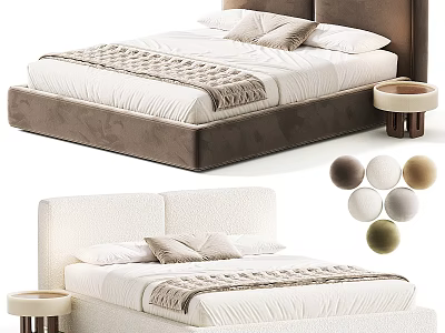 Modern Velvet Upholstered Double Bed With Round Side Table And Multiple Color Options For Bedroom 3d model