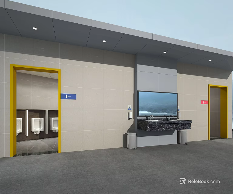 Public Restroom With Yellow Door Frames Male Female Entrances Large Screen TV And Wash Basin 3d model 