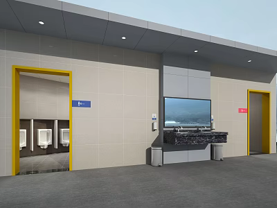 Public Restroom With Yellow Door Frames Male Female Entrances Large Screen TV And Wash Basin 3d model