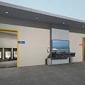 Public Restroom With Yellow Door Frames Male Female Entrances Large Screen TV And Wash Basin