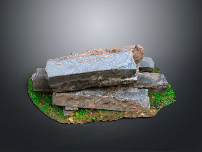 Stacked Natural Stones With Green Moss And Grass On Gray Background 3d model