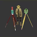 Surveying Instruments On Tripods With Surveyor In Trench Coat And Hat