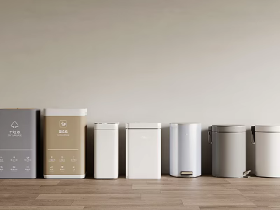 Different Colored Modern Trash Bins Arranged On Wooden Floor With Light Wall 3d model