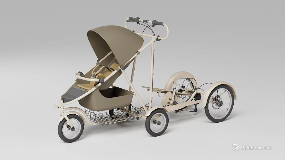Child Chair Three Wheel Stroller with Beige Brown Canopy and Storage Basket Design 3d model 