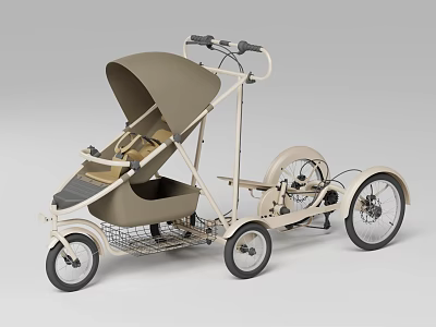 Child Chair Three Wheel Stroller with Beige Brown Canopy and Storage Basket Design 3d model