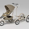 Child Chair Three Wheel Stroller with Beige Brown Canopy and Storage Basket Design