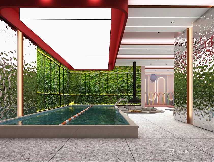 Indoor Playground With Green Plant Walls Swimming Pool Red Decorations Marble Floors And Seating Area 3d model 