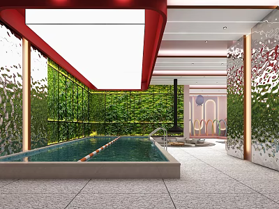 Indoor Playground With Green Plant Walls Swimming Pool Red Decorations Marble Floors And Seating Area 3d model