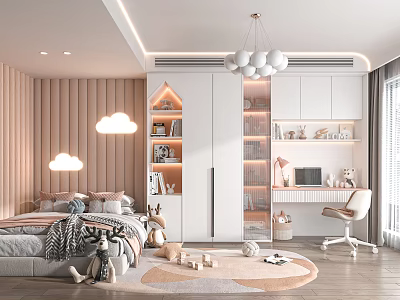 Kids Room Interior Design With Bed Desk Chair Bookshelf Pendant Light And Carpet 3d model