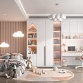 Kids Room Interior Design With Bed Desk Chair Bookshelf Pendant Light And Carpet