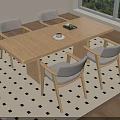 Wooden Dining Table Set With Light Gray Chairs And Black Square Pattern Rug 3d model