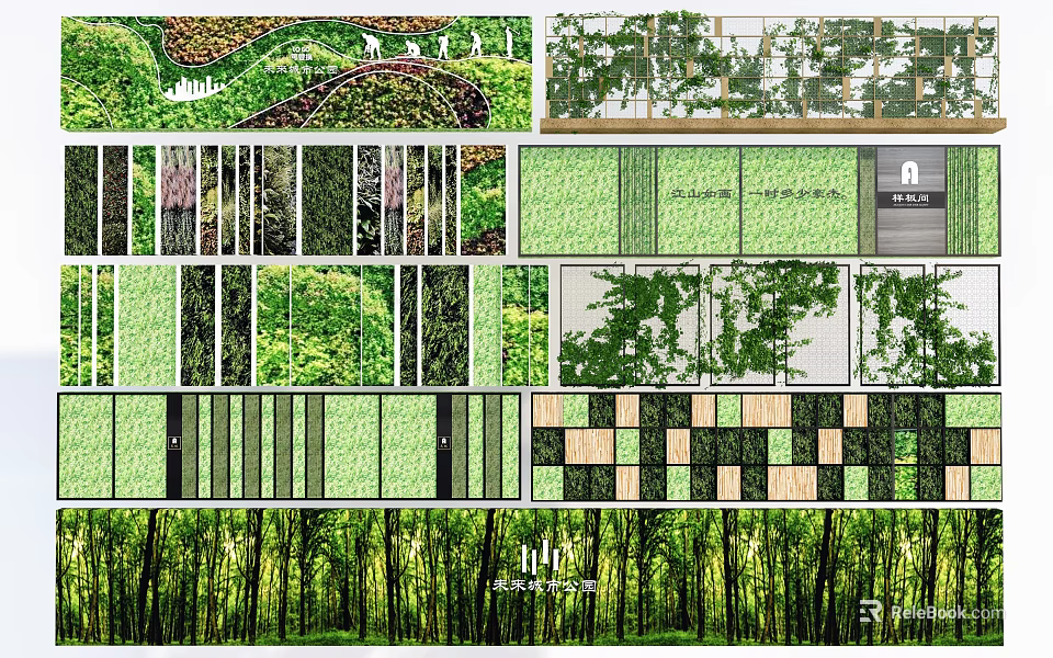 Diverse Green Background Wall Designs with Lush Plants Natural Textures and Wooden Grid Patterns 3d model 