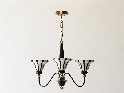Elegant Black and Gold Chandelier with Three Black and White Striped Lampshades and Chain Ceiling 3d model