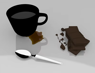 Delicious Coffee In Black Cup With Spilled Liquid And Chocolate Pieces And Spoon 3d model