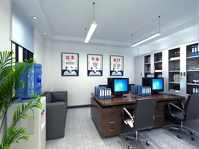 Modern Public Office Area Interior With Office Desks Computers Chairs Filing Cabinets And Green Plants 3d model
