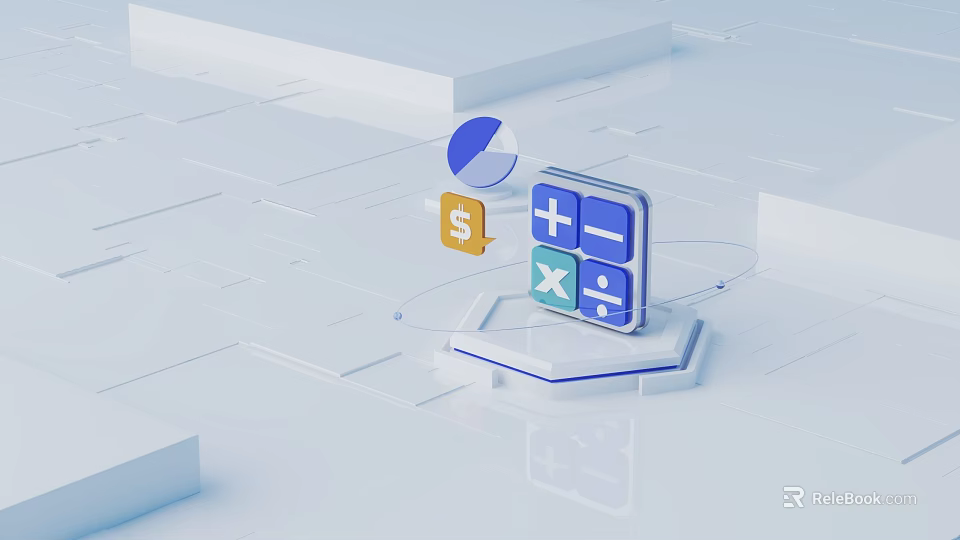 Cartoon Scene with Calculator Math Symbols Dollar Sign and Pie Chart on Geometric Platform 3d model 
