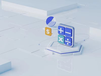 Cartoon Scene with Calculator Math Symbols Dollar Sign and Pie Chart on Geometric Platform 3d model