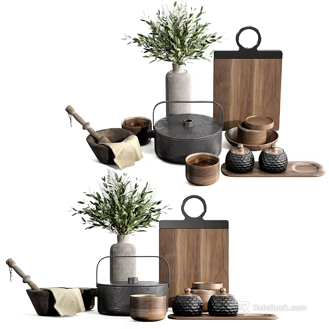 Stylish Tableware Set With Iron Pot Ceramic Bowls Wooden Cutting Board And Green Plants 3d model 