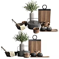 Stylish Tableware Set With Iron Pot Ceramic Bowls Wooden Cutting Board And Green Plants
