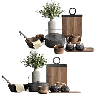 Stylish Tableware Set With Iron Pot Ceramic Bowls Wooden Cutting Board And Green Plants 3d model