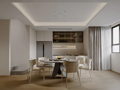 Modern Dining Area Interior With Round Table Beige Chairs And Kitchen Cabinets 3d model