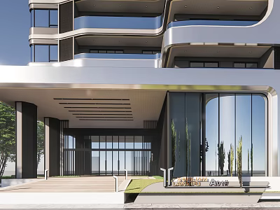 Modern Architectural Entrance Porch With Glass Curtain Wall Steps And Green Plants 3d model