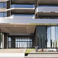 Modern Architectural Entrance Porch With Glass Curtain Wall Steps And Green Plants