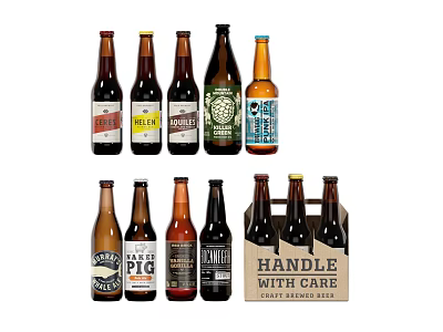 Assorted Craft Beer Bottles With Various Labels In Handle With Care Cardboard Box 3d model
